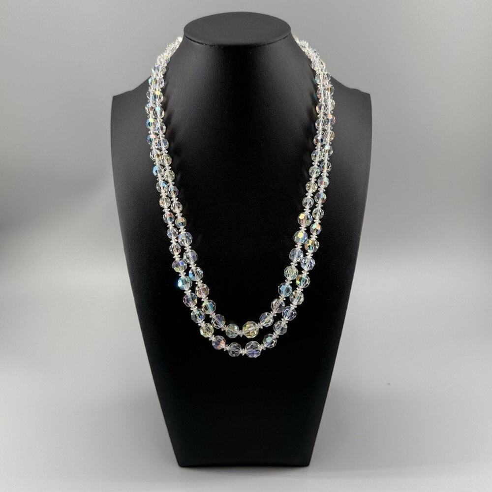 Vintage Aurora Borealis Crystal Necklace Double Strand Rhinestone Clasp Glass